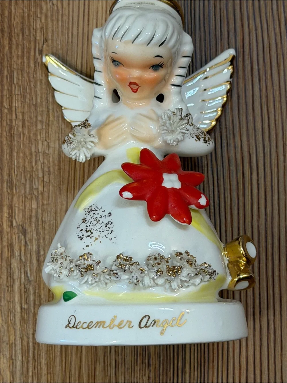 Vintage December Angel Ceramic Figurine - with spaghetti trim.